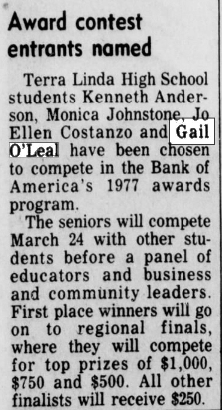 March 3, 1977: Gail O'Leal, a Terra Linda High senior, picked for the Bank of America awards contest