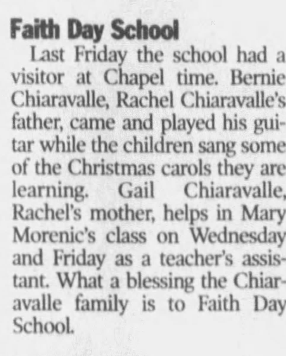 December 6, 1999: Bernie plays guitar at Faith Day chapel, and Gail helps in a classroom twice a week