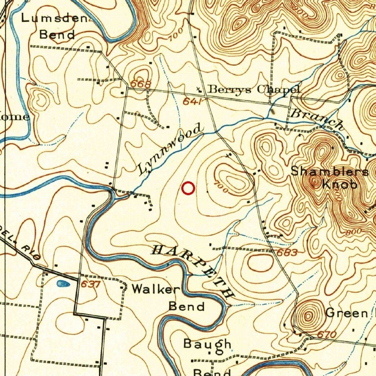 1909: open fields between Lynnwood Branch and the big bends of the Harpeth River
